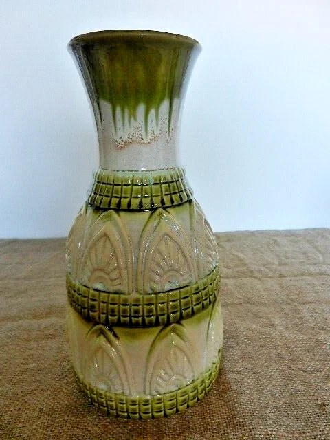 Große Vintage Mid-Century westdeutsche Fett Lava Keramik Vase grün & creme H30cm