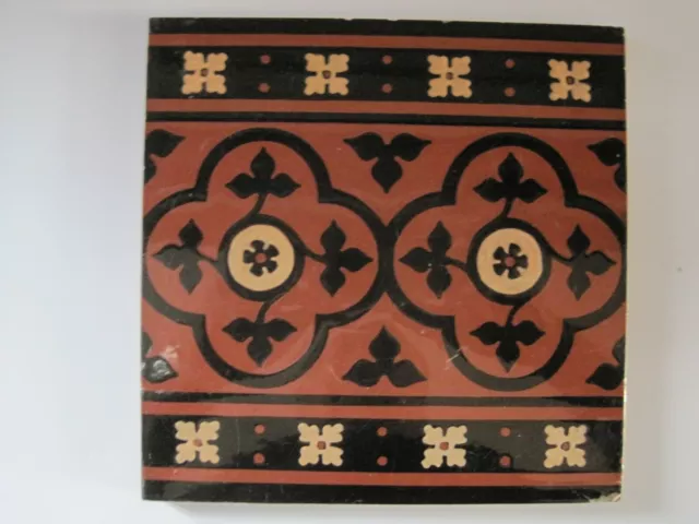 8 " Square Antique Victorian Minton Hollins Black & Buff On Red Clay Border Tile
