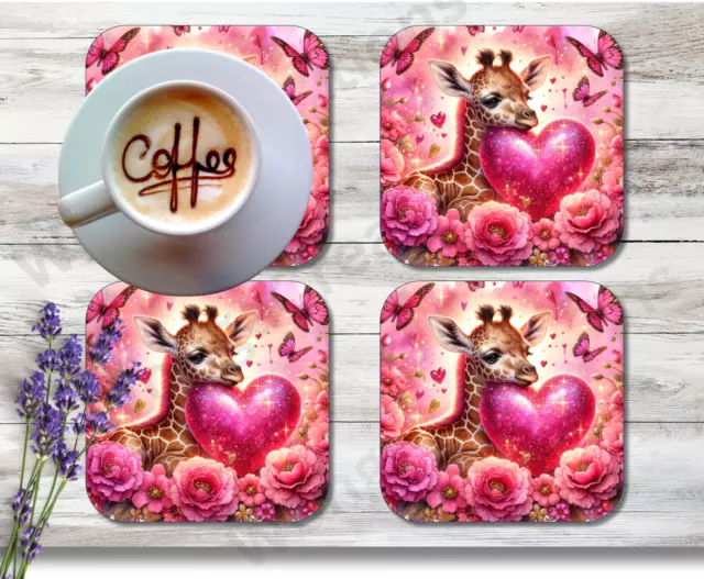 Cute Giraffe - Heart - Floral Set Of 4 Neoprene Coasters Birthday gift