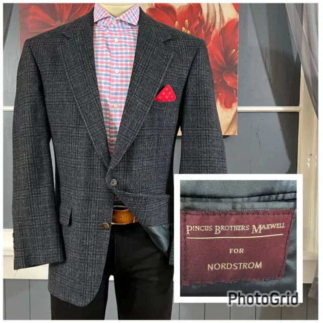 Vintage Nordstrom Tweed Blazer Mens 42R Classic Fit Blue Black Plaid Sport Coat