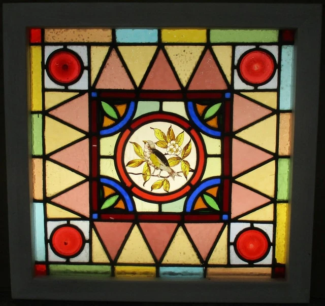 OLD ENGLISH LEADED STAINED GLASS WINDOW Hand Painted Bird 20" x 19.5"