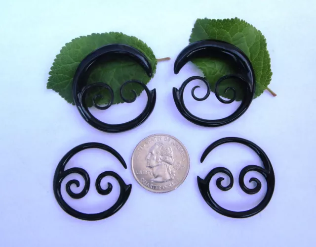 Pair Hand Carved BUFFALO HORN TRIBAL FLORAL VINE SWIRL SPIRALS TAPER PLUGS GAUGE