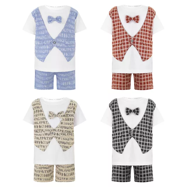 Kids Boys Gentleman Outfit Set Bow Tie Shirt Fake Vest Bow tie Shorts Suit Set