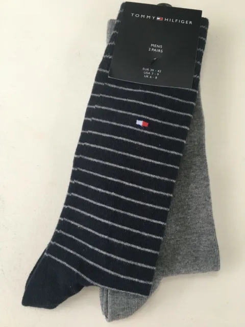 Men's Tommy Hilfiger Flag Logo Blue Stripe/Grey Plain Socks 2 Pairs - UK 6-8