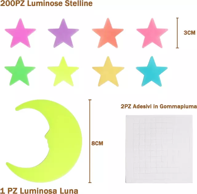 Stelle Fluorescenti Adesive Soffitto, 200 Pezzi 3D Stelle E Luna Luminose Da Par 3