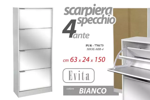 Scarpiera 4 Ante Specchio Salvaspazio Legno Bianco 63*24*H150 Cm Pur 770173