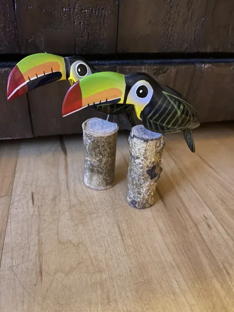 Toucan Birds Figurine Colorful Tropical Made In Belize Wooden stand