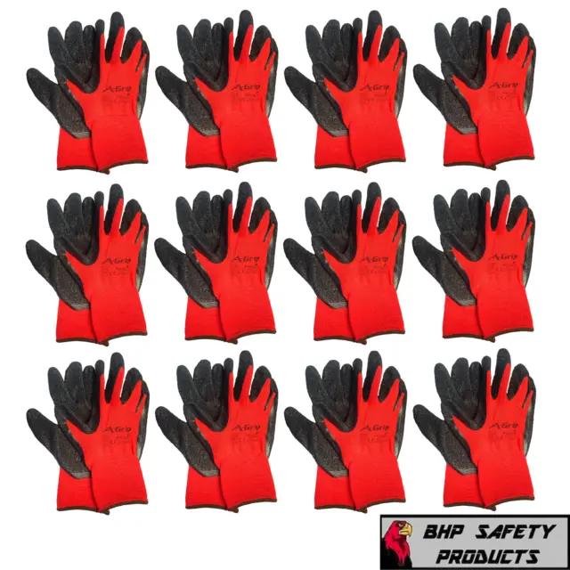 12 Pair A-Grip Red Safety Work Gloves Latex Rubber Coated Grip Cut Resistant