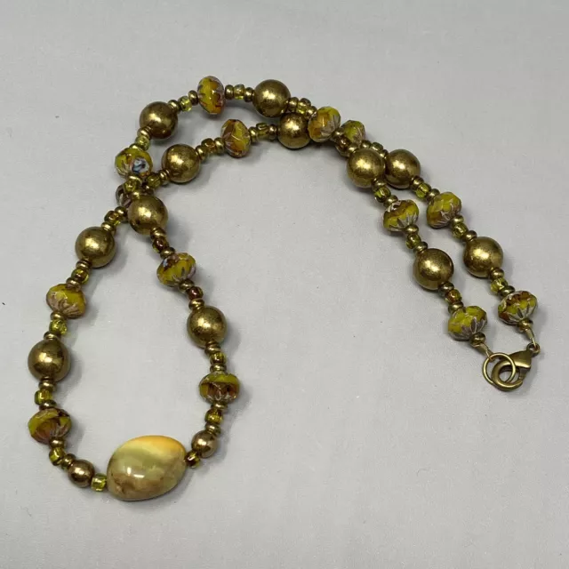 Unique Czech Art Glass Necklace Gold Yellow Marble Coated Beads Transparent 18"