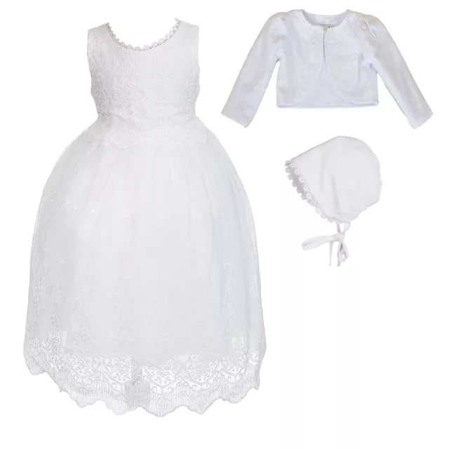 Baby Girls White Lace Christening Gown Bolero with Bonnet 0 3 6 9 12 18 Months