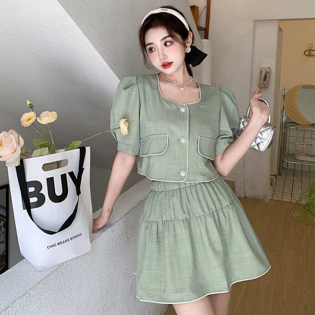 Maniche Corte Camicia Top Vita Alta Mini Gonna Stile Coreano per Donne Set Nuovo