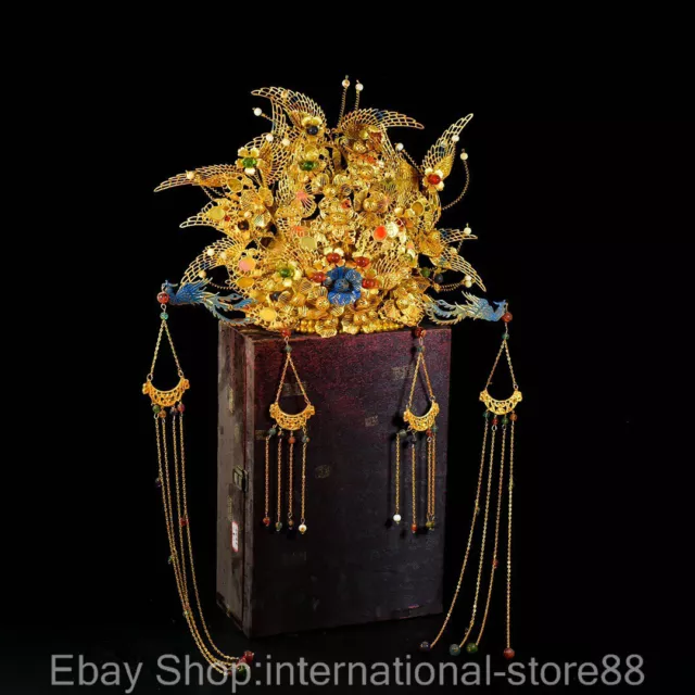 18" Rare Old China Filigree Gold Dynasty Palace Empress Phoenix Flower Hat Cap
