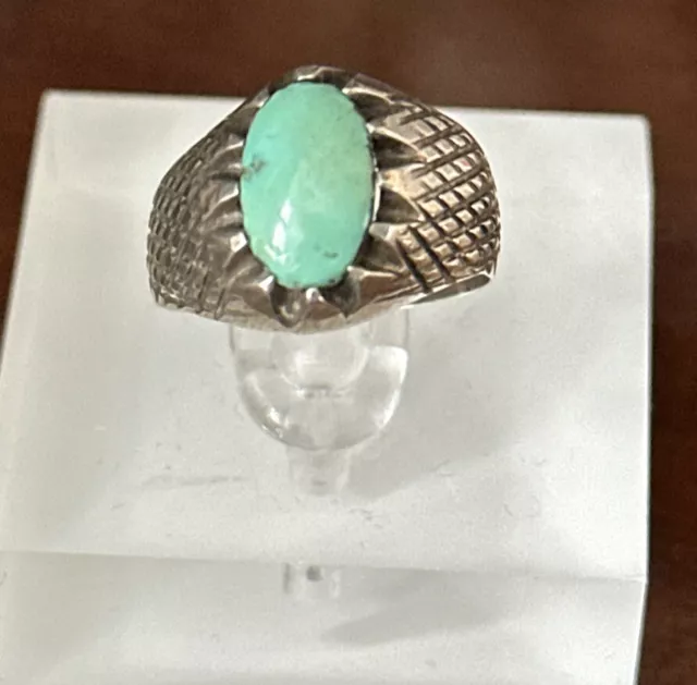 Unusual Victorian Turquoise and Silver Signet Ring - Engraved Shank (Size L)
