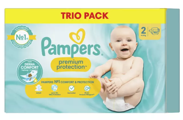 Mega Pack 162 Couches PAMPERS Premium Protection Taille 2 (4-8 Kg) Derma Confort