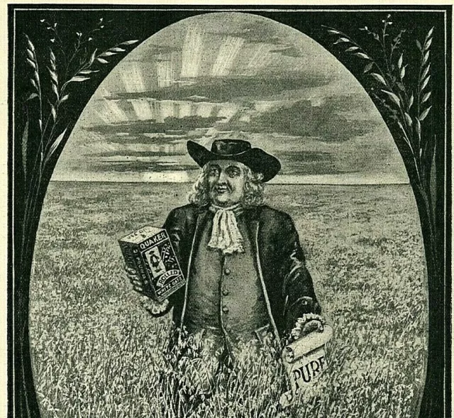 1897 Wheat Oats Field Farmland Quaker Cereal Puritan Man Sunrise Print Ad 5004