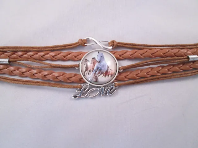White & Brown Horses Love Infinity Brown Braided Leather Bracelet New
