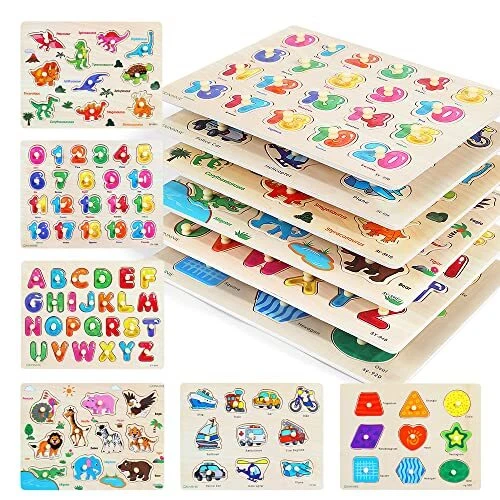 GRINNNIE Wooden Peg Puzzle for Toddlers, 6 Pack Toddler Puzzles Set for 3 4 5