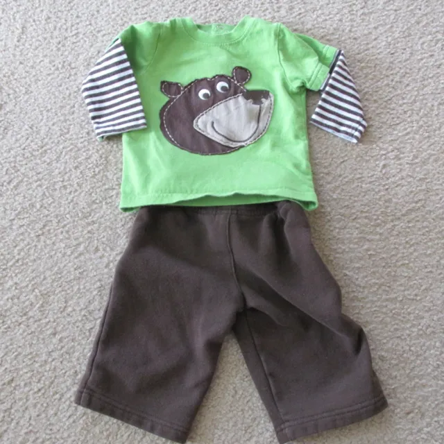 Carters Baby Boy Shirt Pants Bear Outfit Sz 6M Green Brown Stripe 2pc Set Infant