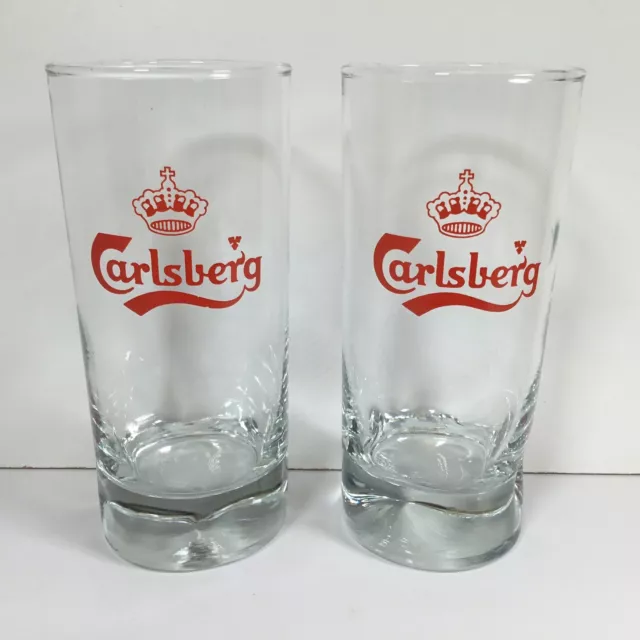 Carlsberg Red Crown Logo drinking glasses x 2  Weighted Dimpled Bottoms 14.5cm