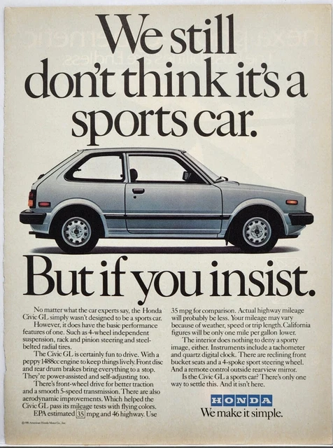1981 Honda Civic GL We Make Iy Simple Vintage Color Print Ad