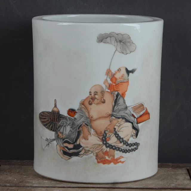 5.9" Collect China Famille Rose Porcelain Hand Painting Joyful Arhat Brush Pot