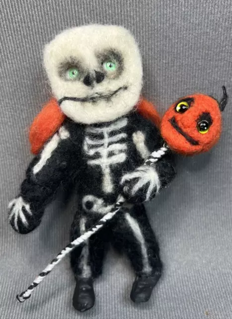 McSkully handmade wool Needle Felted Halloween Girl SKELETON mini sculpture OOAK