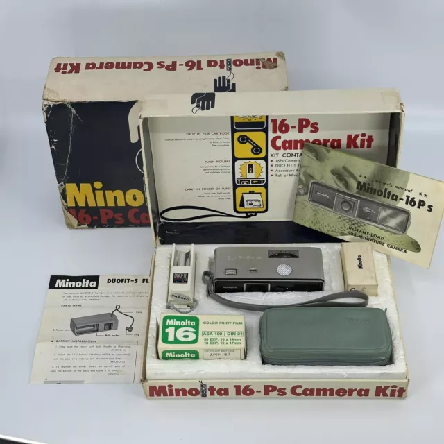 Vintage Minolta 16 Ps P Sub-Miniature Film Spy Camera Kit w/ Manuals Flash & Box