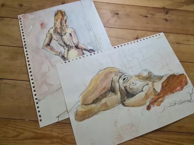Joblot 2 Nude Life Drawing Study Sketch Painting -  Mid 20th C - Large A3 .38