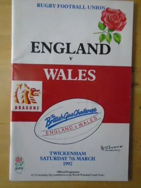 Wales v England Rugby Union Twickenham 7 March 1992 Programme