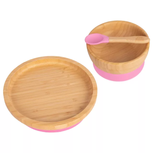 3pc Tiny Dining Rosa Runden Bambus Baby Fütterungsset Kinder Teller Schüssel