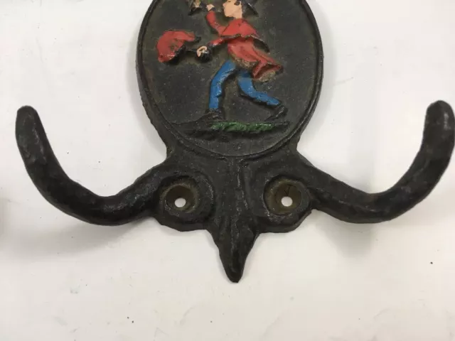 Cast Iron Wall Coat Hooks Top Hat Man Blowing Horn Figure Vintage Set of 2 11