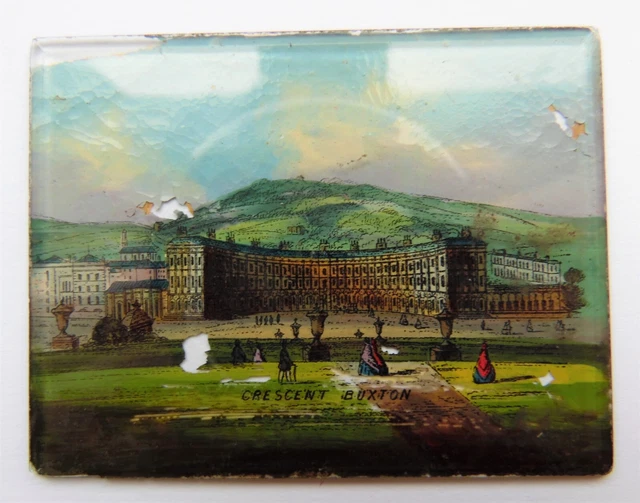 Antique Victorian Reverse Painted Glass Souvenir Tile "Crescent Buxton"