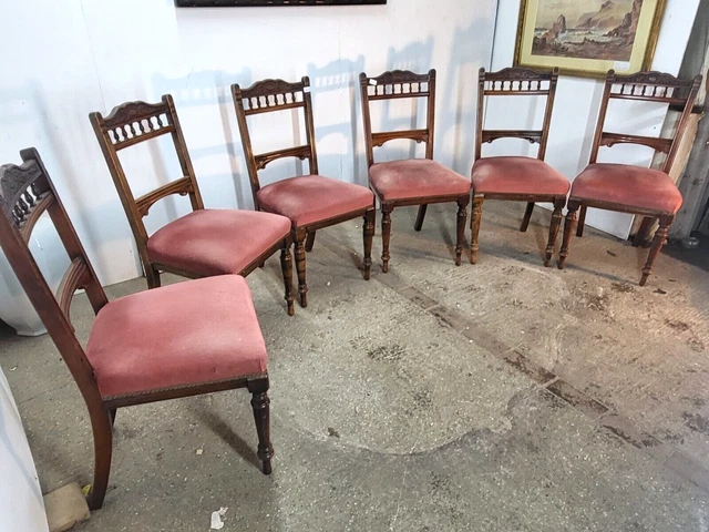 Six Antique Victorian Sprung Padded Dining Chairs Turned Legs Pink Fabric