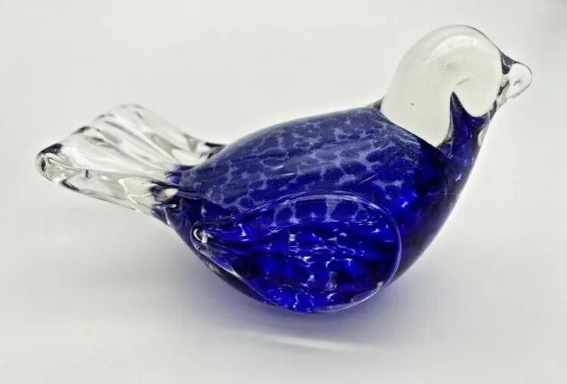 Vintage Clear With Cobalt Blue Speckled Art Glass Hand Blown Bird Figurine