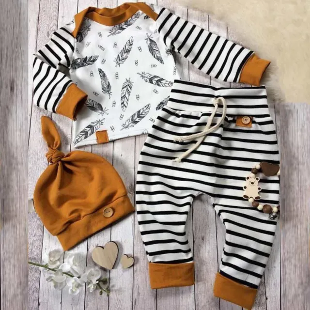 3PCS Toddler Baby Boys Striped Clothes Long Sleeve Tops Pants Hat Outfits Set