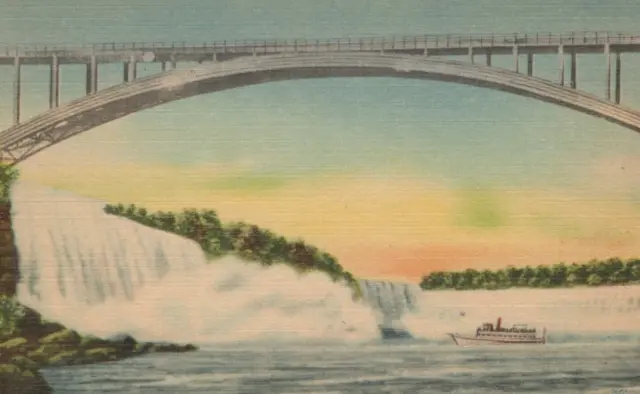 General View & Rainbow Bridge of Niagara Falls New York Linen Vintage Post Card