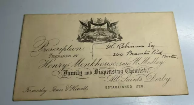 Antique Prescription Envelope Henry Monkhouse Chemist Derby  To W Robinson