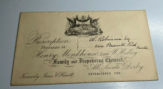 Antique Prescription Envelope Henry Monkhouse Chemist Derby  To W Robinson