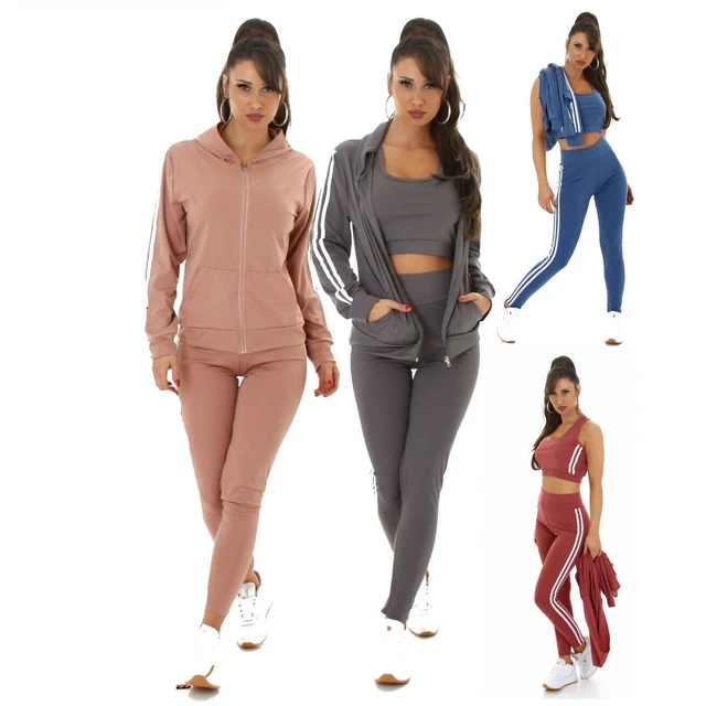 Set tuta donna completo 3 pezzi cappuccio zip felpa top pantaloni bande nuovo