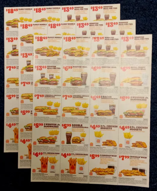 BURGER KING COUPONS- 3 FULL SHEETS- BK Restaurant Whopper Fast Food NEW- 5/26/24