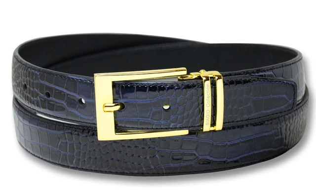 Biagio Croc Embossed NAVY BLUE Mens Bonded Leather Belt Gold-Tone Buckle sz 42