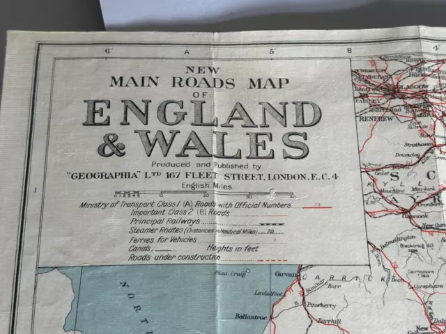 Vintage Geographia Paper New Main Roads Map of England & Wales, 1950's approx