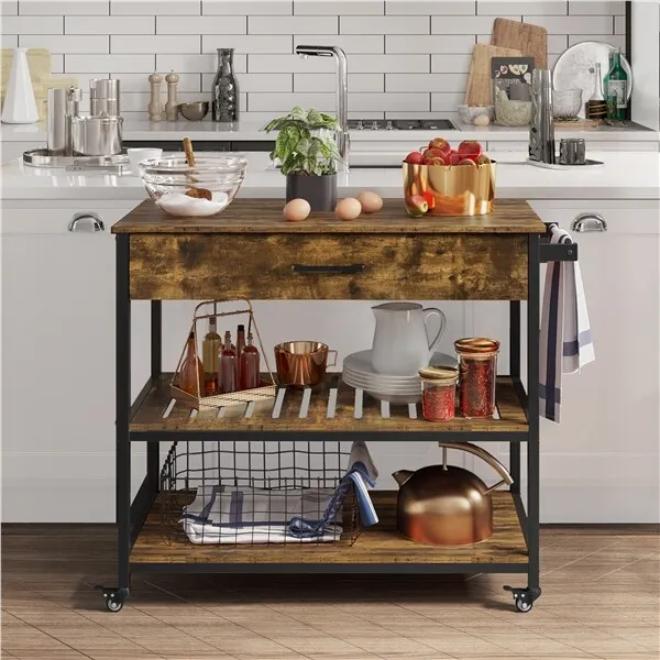 3-Tier Rolling Kitchen Island Cart on Wheels w/ Storage Drawer and Open Shelves