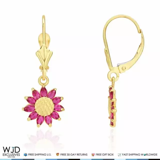 SIMULATED RUBY SUNFLOWER Dangle Drop Leverback Earrings 14K Yellow Gold ...