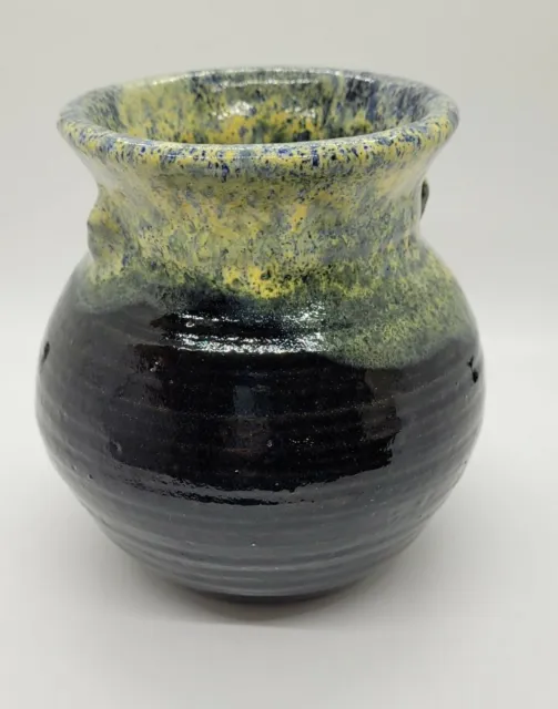 Vase Eared Pot Pottery Art Studio Lemon Lime Peel Lava Glaze Signed Hand Thrown