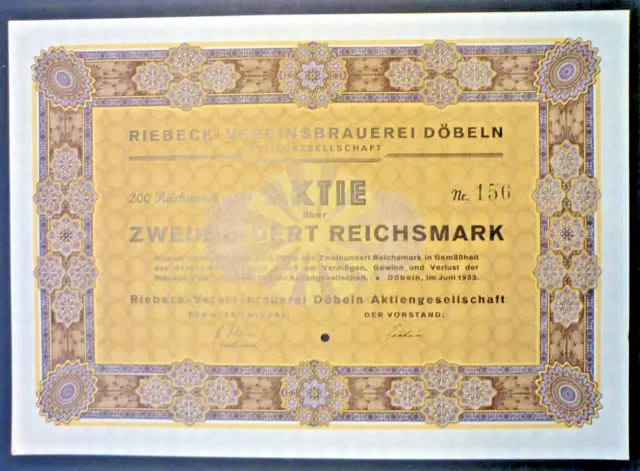 Riebeck-Vereinsbrauerei Döbeln AG,  Döbeln  Aktie  200 RM  1933   TOP-Erhaltung