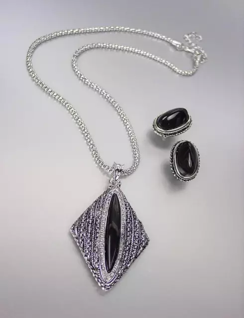 UNIQUE Antique Silver  Crystals Black Onyx Stone Pendant Necklace Earrings Set