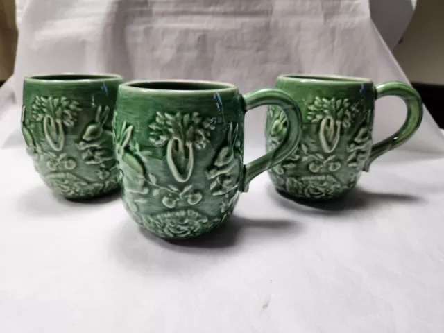 Majolica Bordallo Pinheiro Portugal Green Rabbits Mugs Set Of 3