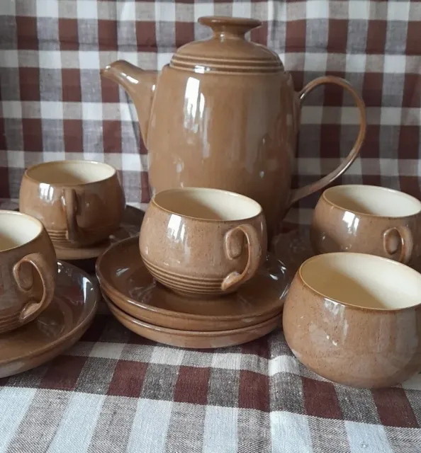 Denby 'Pampas' coffee tea Pot/sugar Bowl/4xcups & 5xsaucers 11 Pcs