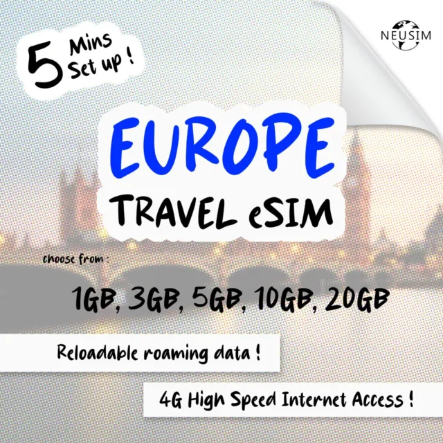 NeuSIM Europe+ eSIM 1-3GB Data - 36 Destinations | Same Day DELIVERY!